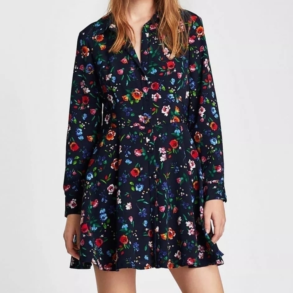 Zara Navy Blue Floral Long Sleeve Button-Up Romper Bloomcore Colorful Romantic